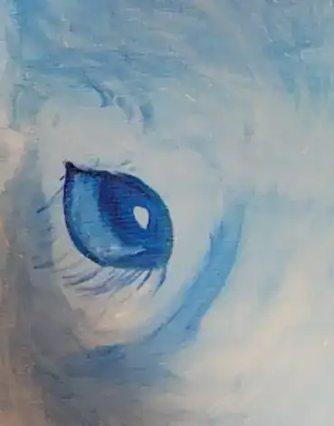 gemaltes Auge in Blau mit blau-weißem Hintergrund