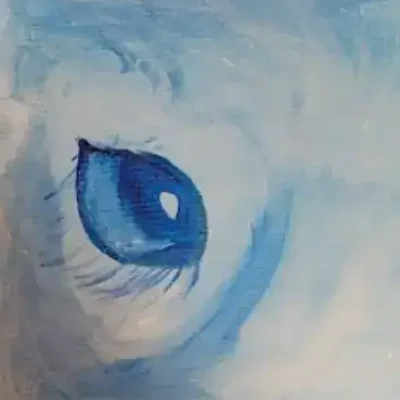 gemaltes Auge in Blau mit blau-weißem Hintergrund