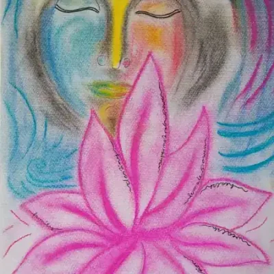 Selbst gemaltes Bild mit Blume des Lebens, Gesicht mit geschlossenen Augen