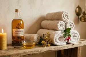 Massageöl, brennende Kerze und Stapel mit kleinen Handtüchern