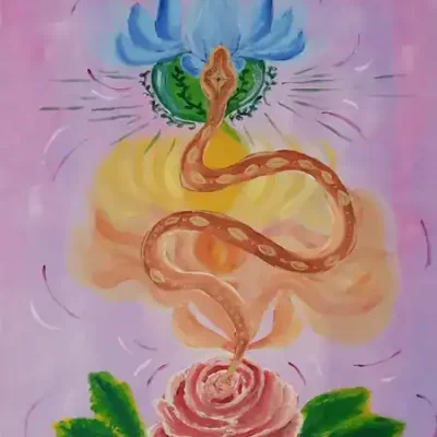 selbst gemalt, Rosenblüte in der unteren Mitte des Bildes nach oben aufsteigende Kundalini-Schlange, endet in offenen Auge in de3r oberen Mitte des Bildes